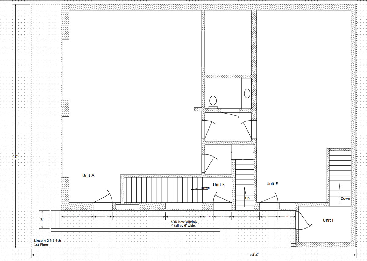 Ground floor plan: Unit A (left), Unit E (right).
