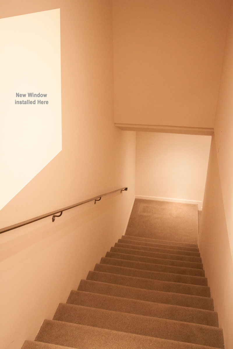 Wide stairs with landings top and bottom.