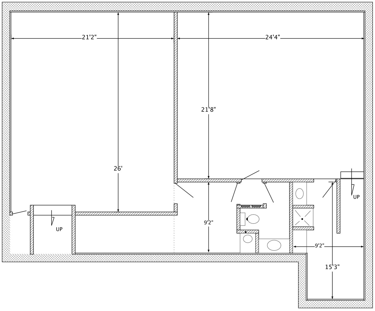 Lower-level plan – Unit B (left), Unit F (right).
