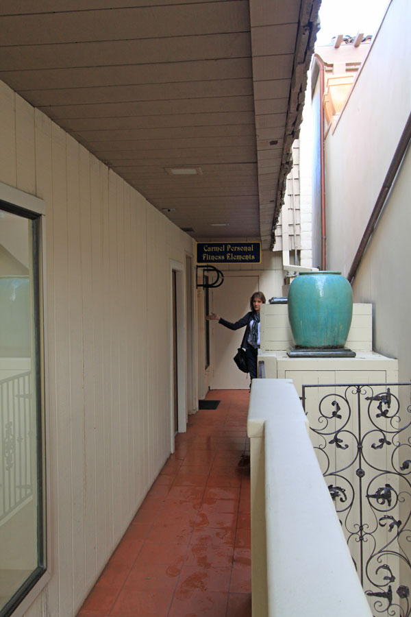 Walkway between buildings to rear stairway.